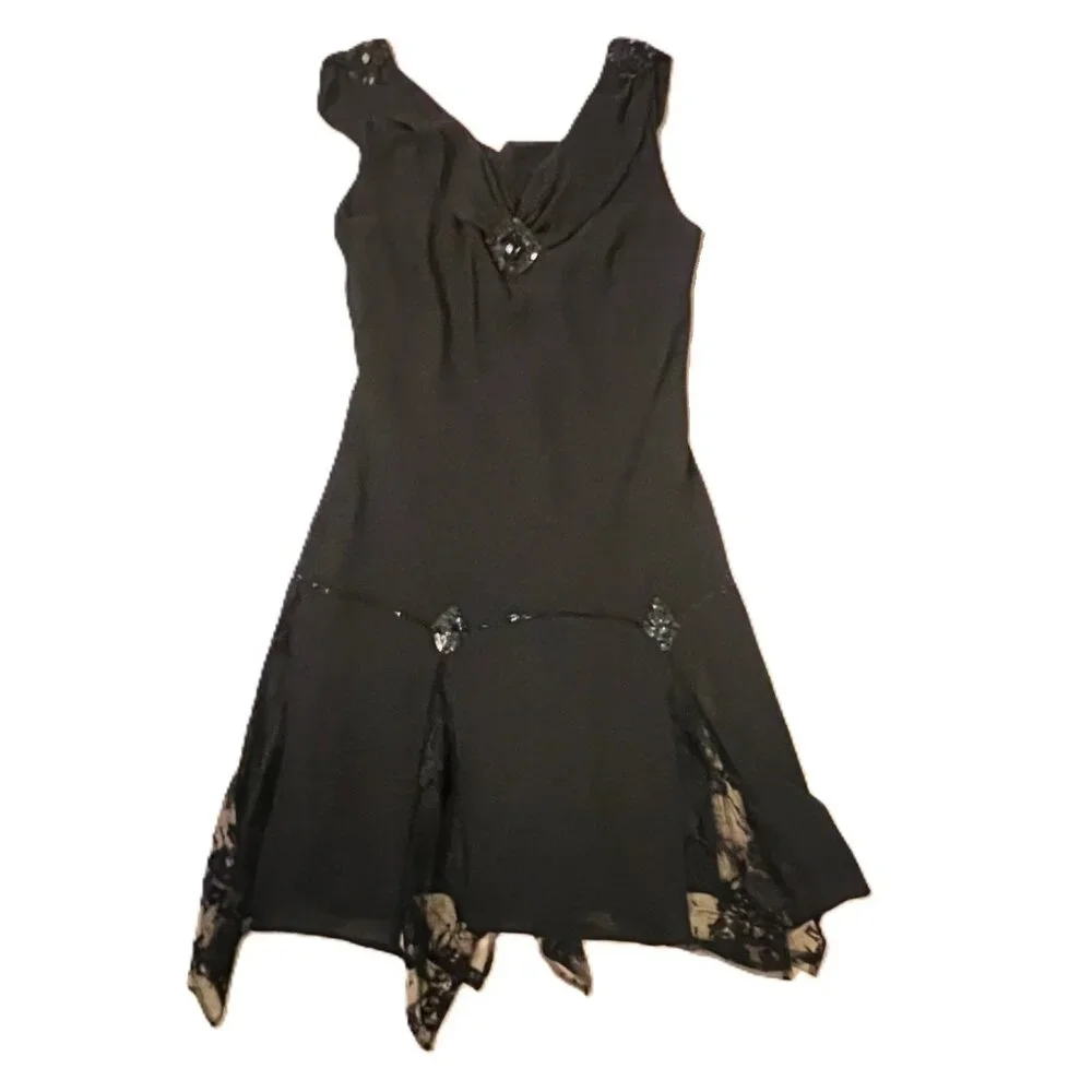 Unique Vintage Flapper Style Dress 2X Black Beaded Sleeveless Lace Sequins Jewel - Picture 2 of 14